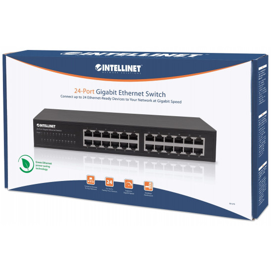 Intellinet 24-Port Gigabit Ethernet Switch, 24 x 10/100/1000 Mbit/s RJ45-Ports, IEEE 802.3az (Energy Efficient Ethernet), Desktop, 19 Rackmount, Metal