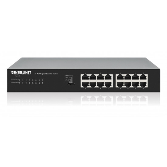 Intellinet 16-Port Gigabit Ethernet Switch 16 x 10/100/1000 Mbps RJ45 Ports, Green Ethernet / IEEE 802.3az Energy Efficient Ethernet, Desktop Format, Includes Optional 19 Rackmount Brackets