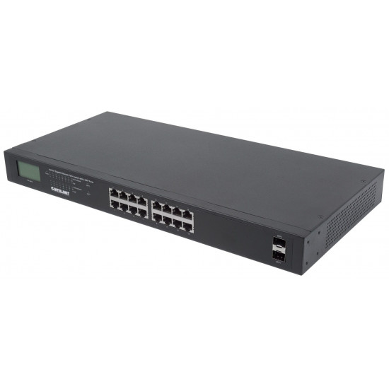 Intellinet 16-Port Gigabit Ethernet PoE+ Switch with 2 SFP Ports, LCD Display, IEEE 802.3at/af Power over Ethernet (PoE+/PoE) Compliant, 370 W, Endspan, 19 Rackmount