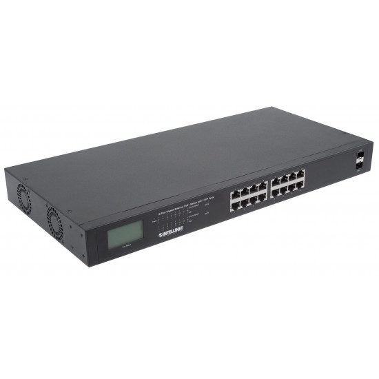 Intellinet 16-Port Gigabit Ethernet PoE+ Switch with 2 SFP Ports, LCD Display, IEEE 802.3at/af Power over Ethernet (PoE+/PoE) Compliant, 370 W, Endspan, 19 Rackmount