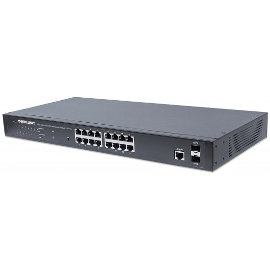 Intellinet 16-Port Gigabit Ethernet PoE+ Web-Managed Switch with 2 SFP Ports, IEEE 802.3at/af Power over Ethernet (PoE+/PoE) Compliant, 374 W, Endspan, 19 Rackmount