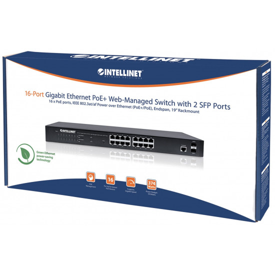 Intellinet 16-Port Gigabit Ethernet PoE+ Web-Managed Switch with 2 SFP Ports, IEEE 802.3at/af Power over Ethernet (PoE+/PoE) Compliant, 374 W, Endspan, 19 Rackmount