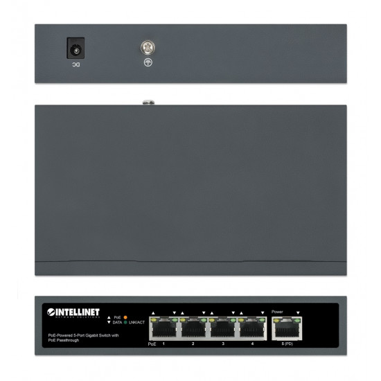 Intellinet 5-Port Gigabit Switch with PoE Passthrough, One IEEE 802.3bt (PoE++ / 4PPoE) PD PoE Port with 95 W Power Input, Four PSE PoE ports, PoE Power Budget up to 65 W, IEEE 802.3at/af Compliant Output, Desktop, Wall-mount Option