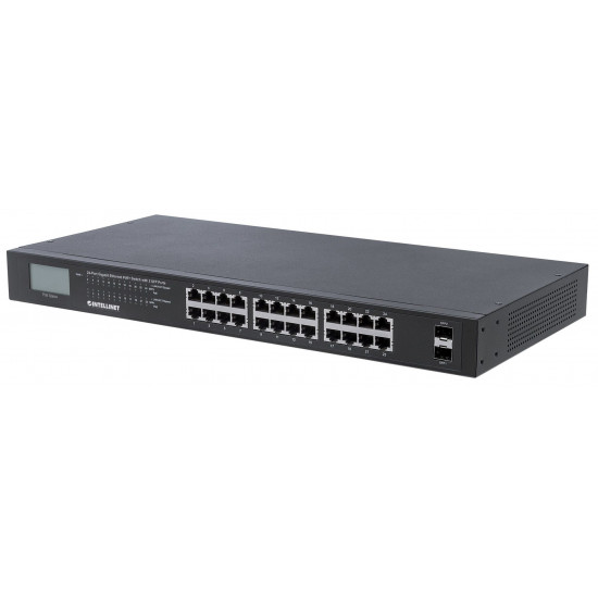 Intellinet 24-Port Gigabit Ethernet PoE+ Switch with 2 SFP Ports, LCD Display, IEEE 802.3at/af Power over Ethernet (PoE+/PoE) Compliant, 370 W, Endspan, 19 Rackmount