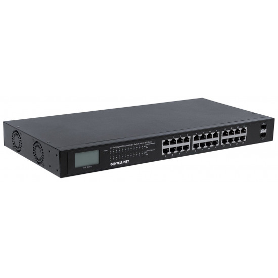 Intellinet 24-Port Gigabit Ethernet PoE+ Switch with 2 SFP Ports, LCD Display, IEEE 802.3at/af Power over Ethernet (PoE+/PoE) Compliant, 370 W, Endspan, 19 Rackmount