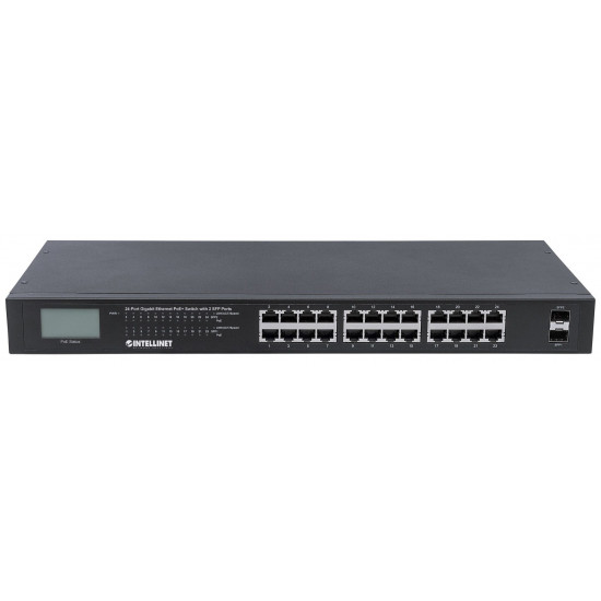 Intellinet 24-Port Gigabit Ethernet PoE+ Switch with 2 SFP Ports, LCD Display, IEEE 802.3at/af Power over Ethernet (PoE+/PoE) Compliant, 370 W, Endspan, 19 Rackmount