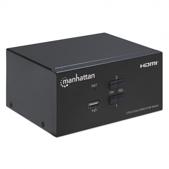 Manhattan HDMI KVM Switch 2-Port, 4K@30Hz, USB-A/3.5mm Audio/Mic Connections, Cables included, Audio Support, Control 2x computers from one pc/mouse/screen, USB Powered, Black, Three Year Warranty, Boxed