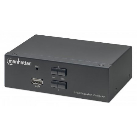 Manhattan DisplayPort 1.2 KVM Switch 2-Port, 4K@60Hz, USB-A/3.5mm Audio/Mic Connections, Cables included, Audio Support, Control 2x computers from one pc/mouse/screen, USB Powered, Black, Three Year Warranty, Boxed