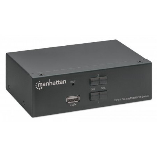 Manhattan DisplayPort 1.2 KVM Switch 2-Port, 4K@60Hz, USB-A/3.5mm Audio/Mic Connections, Cables included, Audio Support, Control 2x computers from one pc/mouse/screen, USB Powered, Black, Three Year Warranty, Boxed