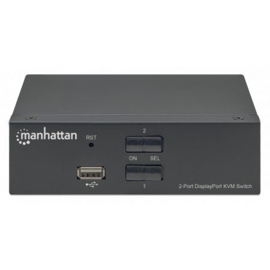 Manhattan DisplayPort 1.2 KVM Switch 2-Port, 4K@60Hz, USB-A/3.5mm Audio/Mic Connections, Cables included, Audio Support, Control 2x computers from one pc/mouse/screen, USB Powered, Black, Three Year Warranty, Boxed