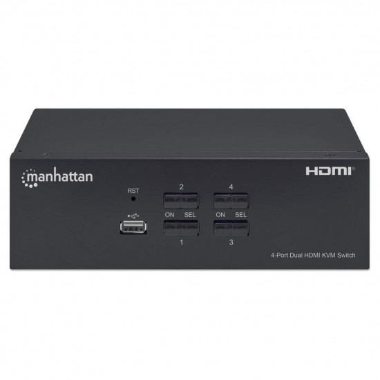 Manhattan HDMI KVM Switch 4-Port, 4K@30Hz, USB-A/3.5mm Audio/Mic Connections, Cables included, Audio Support, Control 4x computers from one pc/mouse/screen, USB Powered, Black, Three Year Warranty, Boxed