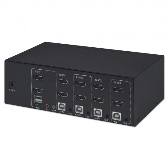 Manhattan HDMI KVM Switch 4-Port, 4K@30Hz, USB-A/3.5mm Audio/Mic Connections, Cables included, Audio Support, Control 4x computers from one pc/mouse/screen, USB Powered, Black, Three Year Warranty, Boxed