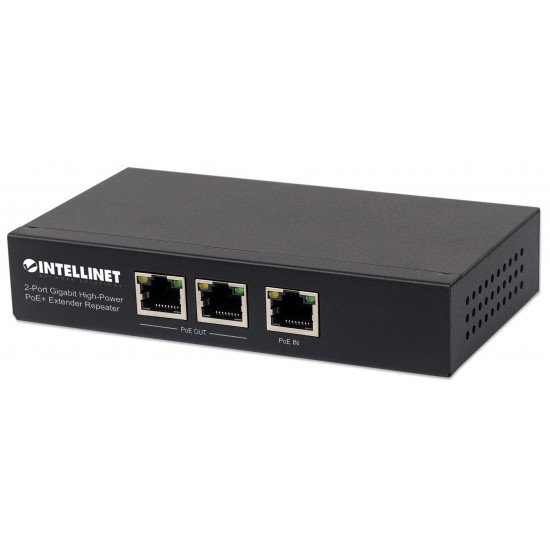 Intellinet 2-Port Gigabit High-Power PoE+ Extender Repeater, IEEE 802.3at/af Power over Ethernet (PoE+/PoE), metal