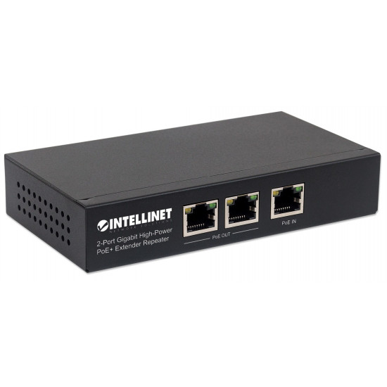 Intellinet 2-Port Gigabit High-Power PoE+ Extender Repeater, IEEE 802.3at/af Power over Ethernet (PoE+/PoE), metal