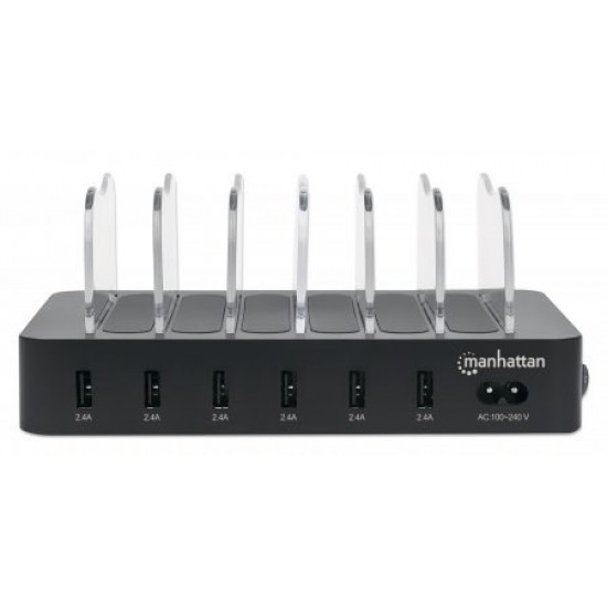 Manhattan Charging Station, 6x USB-A Ports, Outputs: 6x 2.4A, Smart IC, LED Indicator Lights, Black, Three Year Warranty, Box