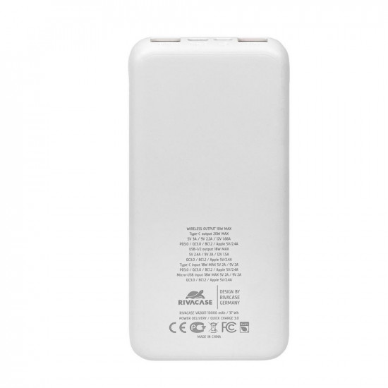 Powerbank RIVACASE 10000 mAh USB-C 20W + Qi 10W biały (1x USB-C PD 20W, 2 USB-A  QC 3.0 18W), white