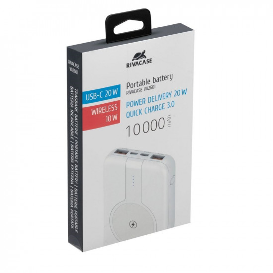 Powerbank RIVACASE 10000 mAh USB-C 20W + Qi 10W biały (1x USB-C PD 20W, 2 USB-A  QC 3.0 18W), white