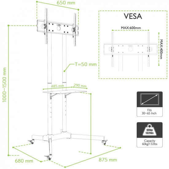 Techly Floor Trolley with Shelf Support LCD / LED / Plasma 30-65 ICA-TR6