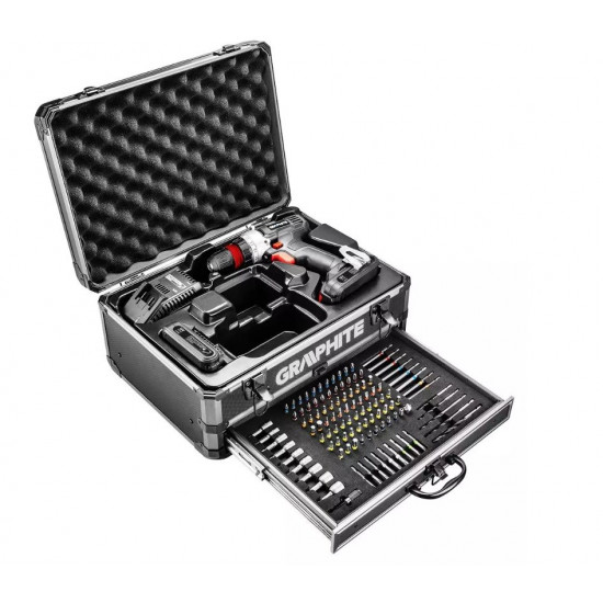 Graphite Energy+ set in aluminum case: drill/driver with removable chuck, 2 2.0Ah batteries, charger and 109 accessories