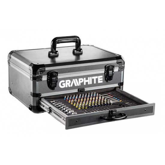 Graphite Energy+ set in aluminum case: drill/driver with removable chuck, 2 2.0Ah batteries, charger and 109 accessories