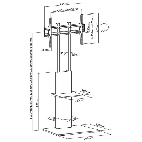 Maclean MC-865 Professional Modern TV Floor Stand with a Shelf for 37 - 70 Screens, max load 40kg, max VESA 600x400, Adjustable height, TV Entertainment Station