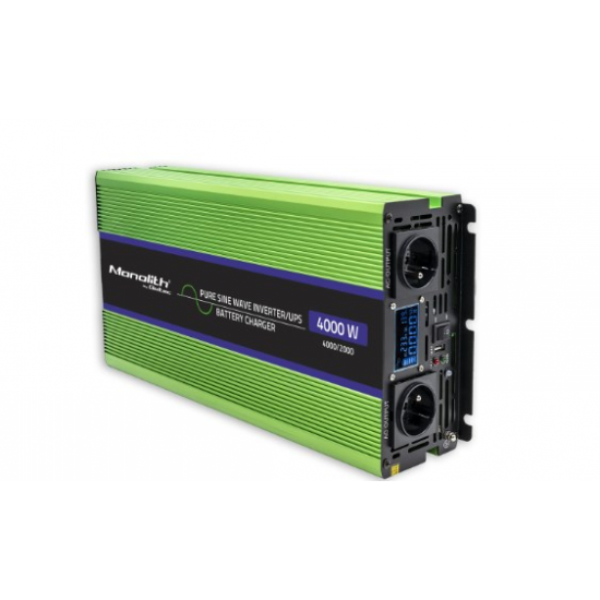 Qoltec Monolith Voltage Converter | Charging the battery | UPS | 2000W | 4000W |12V to 230V |Pure Sine | LCD black-green