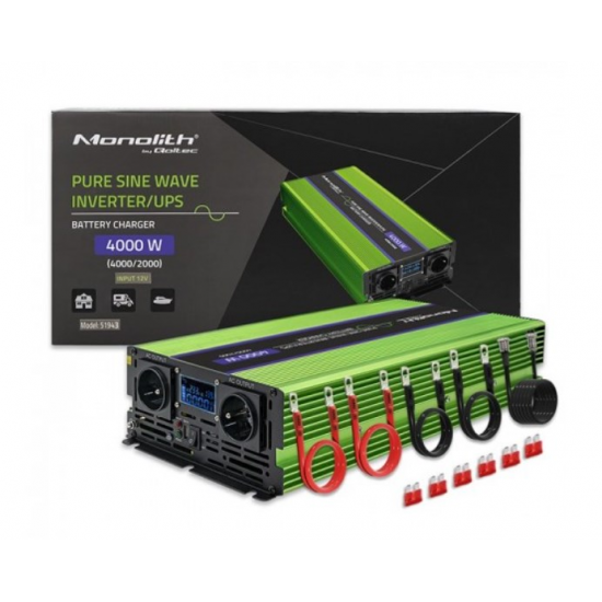 Qoltec Monolith Voltage Converter | Charging the battery | UPS | 2000W | 4000W |12V to 230V |Pure Sine | LCD black-green