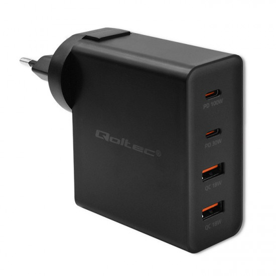 Qoltec GaN POWER PRO Charger | 2xUSB-C | 2xUSB | 130W | 5-20V | 1.5-5A | XP | Black