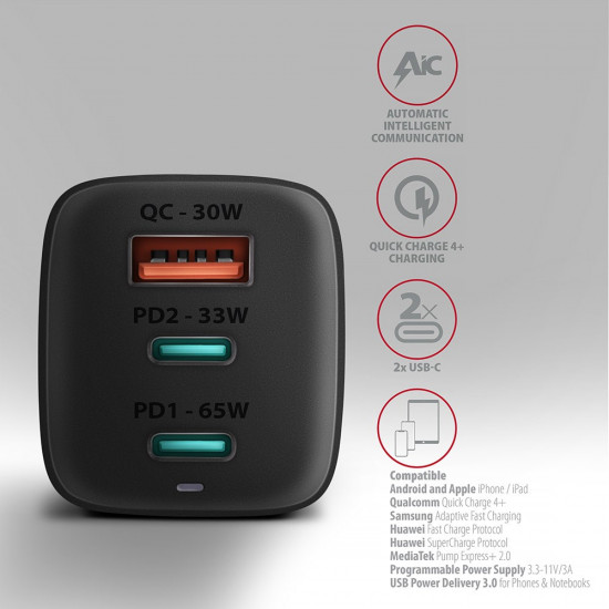 AXAGON ACU-DPQ65 Charger, 2x USB-C, 1x USB-A, PD3.0/QC4+/PPS, 65W - black