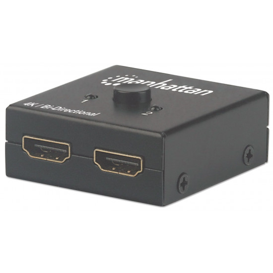 Manhattan HDMI Switch 2-Port, 4K@30Hz, Bi-Directional, Black, Displays output from x1 HDMI source to x2 HD displays (same output to both displays) or Connects x2 HDMI sources to x1 display, Manual Selection, No external power required, 3 Year Warranty