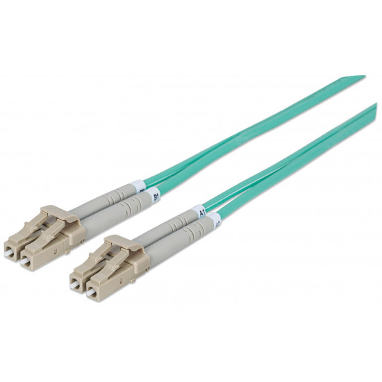 Intellinet Fiber Optic Patch Cable, OM3, LC/LC, 2m, Aqua, Duplex, Multimode, 50/125 µm, LSZH, Fibre, Lifetime Warranty, Polybag