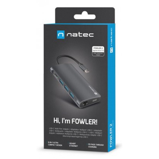 MULTIPORT ADAPTER NATEC FOWLER 2 V2 USB-C 8IN1 HUB ->USB 3.0 3X, HDMI 4K, USB-C, RJ45, SD, MICRO SD