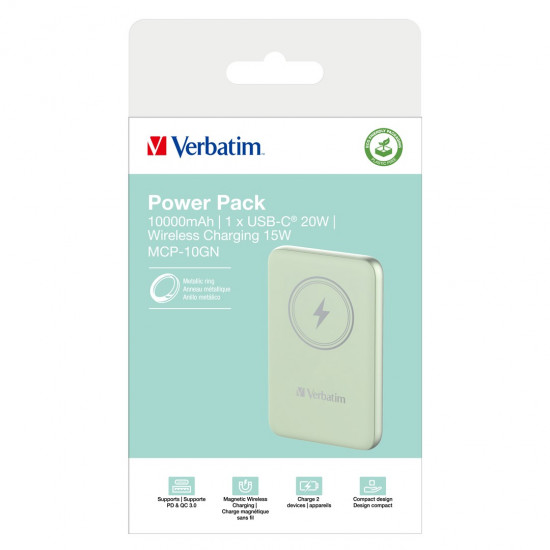 Verbatim Charge 'n' Go Magnetic Wireless Power Bank 10000mAh Green