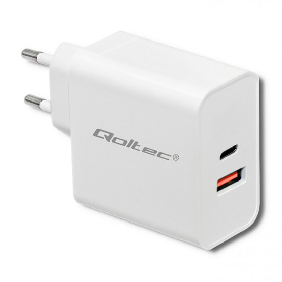 Qoltec 51715 Charger| 63W | 5-20V | 1.5-3A | USB type C PD | USB QC 3.0 | White