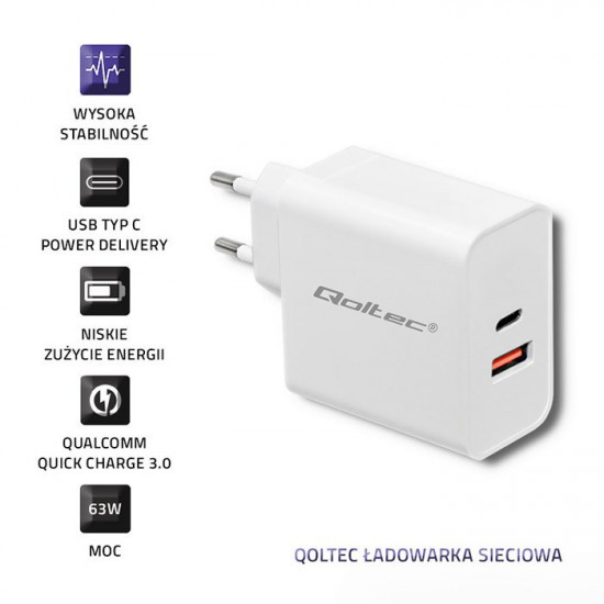 Qoltec 51715 Charger| 63W | 5-20V | 1.5-3A | USB type C PD | USB QC 3.0 | White