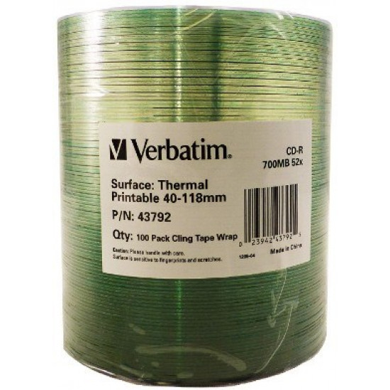 CD-R Verbatim 700MB 52x Thermal Printable No ID Brand (Wrap 100)