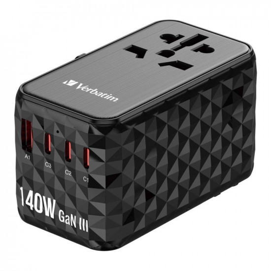 Verbatim UTA-10 140W GaN III Universal Travel Adapter with 2 x USB-C PD 3.1 & QC 4+, 1 x USB-C PD 3.0 & 1 x USB-A QC 3.0 ports