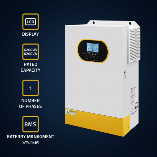 Qoltec 6.2kVA Hybrid Off-Grid Solar Inverter | 6.2kW | 120A | MPPT | LCD | BMS | Sine