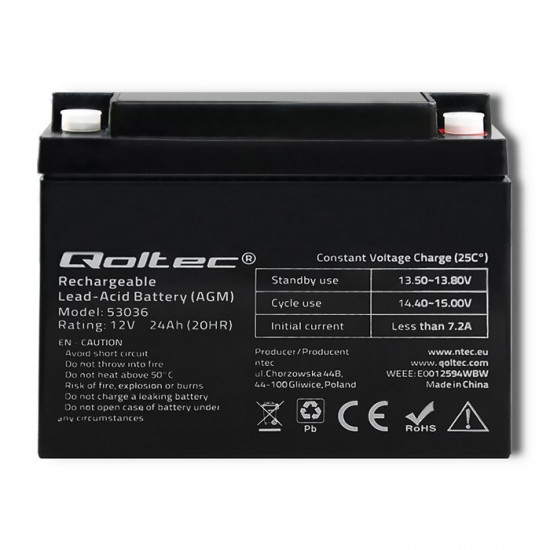 Qoltec 53036 AGM battery | 12V | 24Ah | max 360A