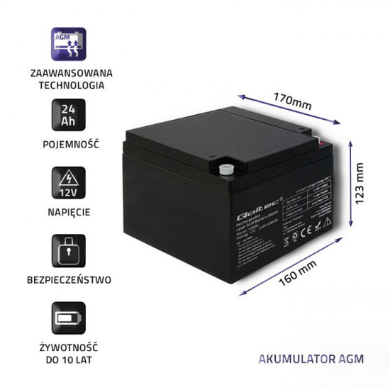 Qoltec 53036 AGM battery | 12V | 24Ah | max 360A