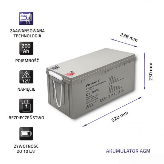 Qoltec 53069 AGM battery | 12V | 200Ah | max. 3000A