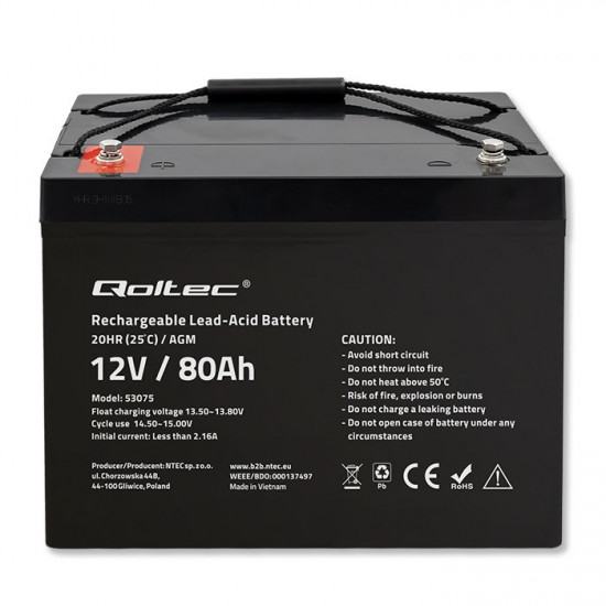 Qoltec 53075 AGM battery | 12V | 80Ah | 23.5kg