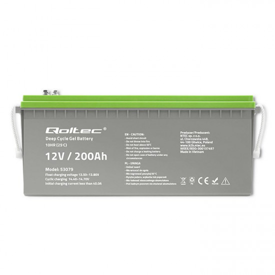 Qoltec 53079 Deep Cycle Gel battery | 12V | 200Ah | 62.5kg