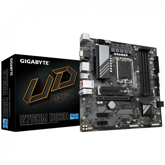 Gigabyte B760M DS3H 1.0 M/B Processor family Intel Processor socket LGA1700 DDR4 DIMM Memory slots 4 Supported hard disk drive interfaces SATA, M.2 Number of SATA connectors 4 Chipset Intel B760 Express Micro ATX