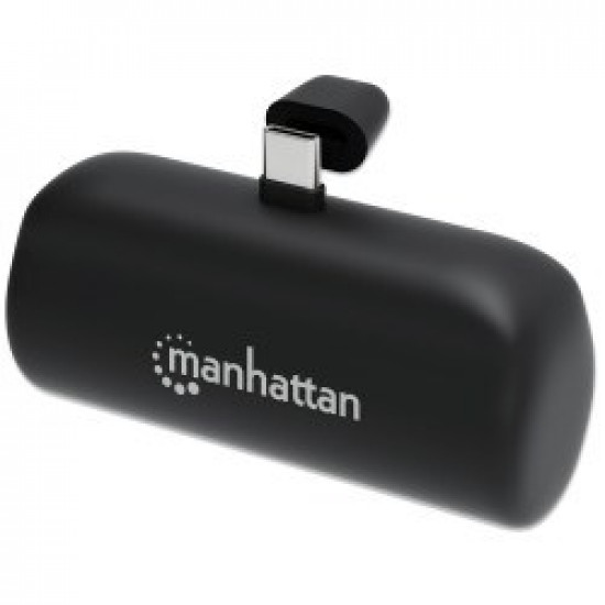 Manhattan Power Bank with integrated USB-C plug, 5000 mAh, Up to 20W output, Kickstand for Use as Charging Phone Holder, Black