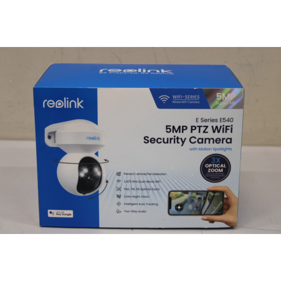 SALE OUT. Reolink E Series E540 Smart 5MP PTZ WiFi Camera with Motion Spotlights, White | Reolink | Smart WiFi Camera with Motion Spotlights | E Series E540 | 23 month(s) | PTZ | 5 MP | 2.8-8/F1.6 | IP65 | H.264 | Micro SD, Max. 256 GB | DEMO