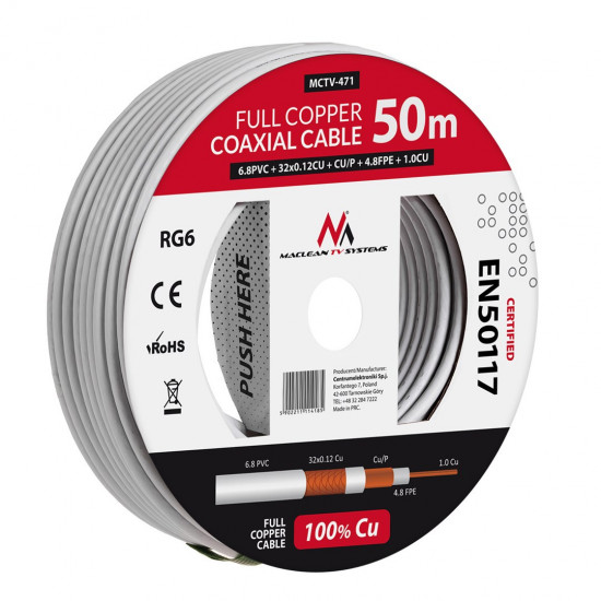 Maclean Coaxial Cable, Satellite Antenna Cable, RG6 1.02CU+4.8FPE+CU/P+32*0.12CU+6.8PVC, 50M, MCTV-471