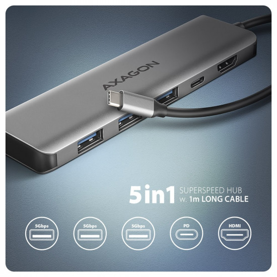 Axagon HMC-5H USB-C 3.2 Gen 1 hub 3x USB-A 4K HDMI PD 100W - Silber Wired USB 3.2 Gen 1 (3.1 Gen 1) Type-C Silver