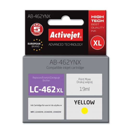 Activejet AB-462YNX Ink for Brother printer, Replacement Brother LC-462XLY; Supreme; 19 ml; yellow.