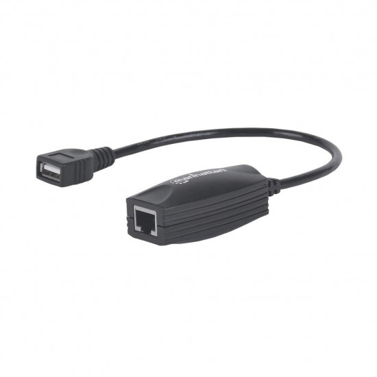 Manhattan USB-A Line Extender, for use with RJ45 network cable (not included), extends USB Device up to 60m, bus power, Cat5e/Cat6/Cat6A RJ45 network cables suitable, Black, Three Year Warranty, Blister